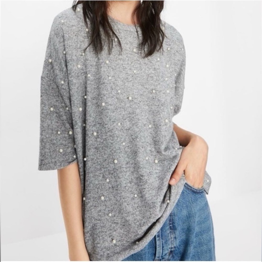 Gray Pearl-Embellished sweater top